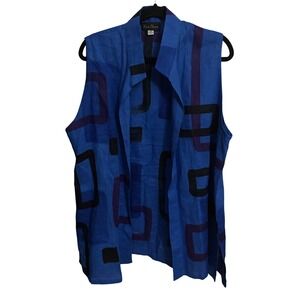 Alexis Abrams | Blue Black Purple Geometric Linen Sleeveless Open Front Vest Top